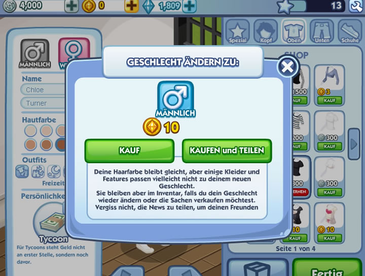Sims Social Geschlechtsumwandlung 10 SimCash
